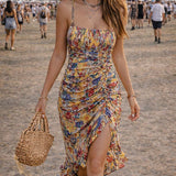 Aura™ | Boho lilleline ruched midi kleit