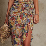 Aura™ | Boho lilleline ruched midi kleit